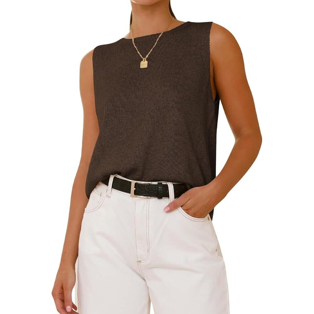 🆕Btfbm Women Brown Sleeveless Crew Neck Ribbed Lightweight Pullover Sweater